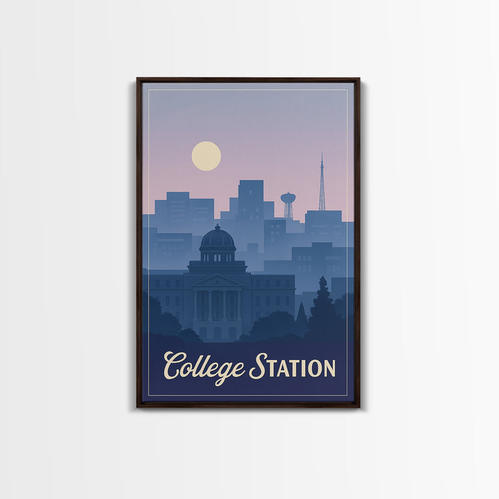 College Station Travel Poster, Framed Canvas Print, Retro Sunset Skyline Art, College Station City Art, Home Office Decor, Travel Art Print