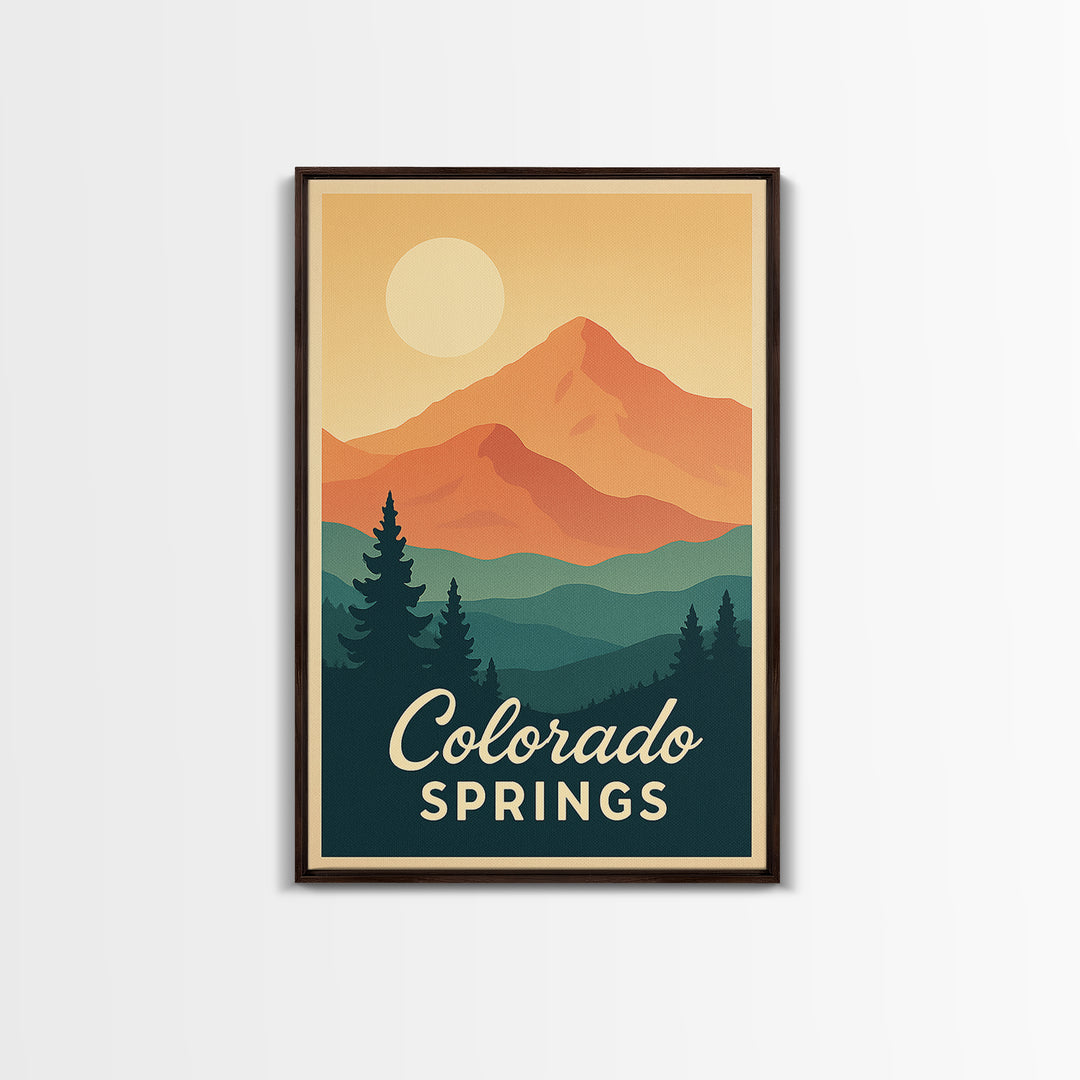 Colorado Springs Colorado Travel Poster, Framed Canvas Print, Retro Sunset Skyline Art, Colorado Springs Travel Art, Living Room Wall Art