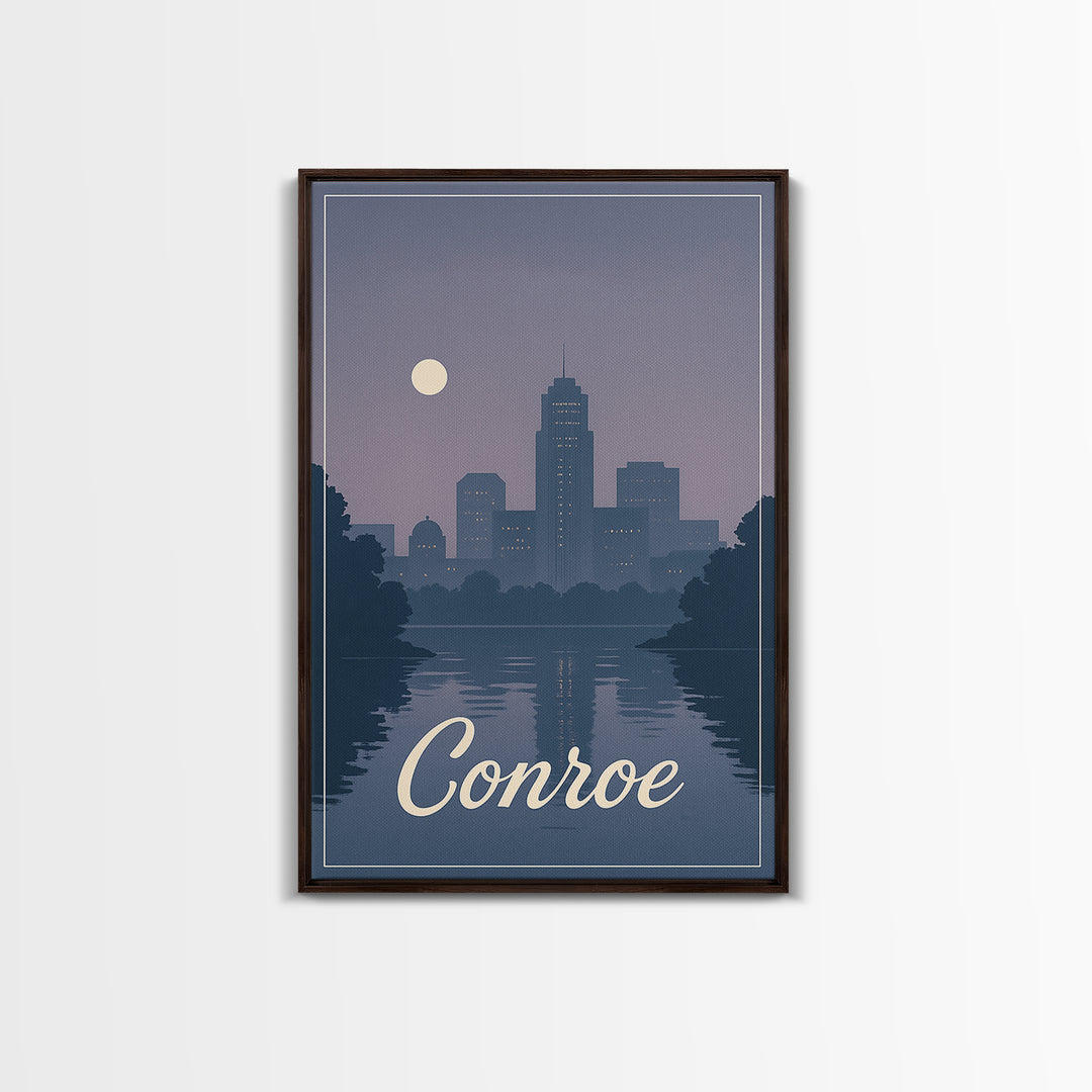Conroe Travel Poster, Framed Canvas Print, Mid Century City Wall Art, Conroe Travel Art, Living Room Wall Art, Vintage City Poster