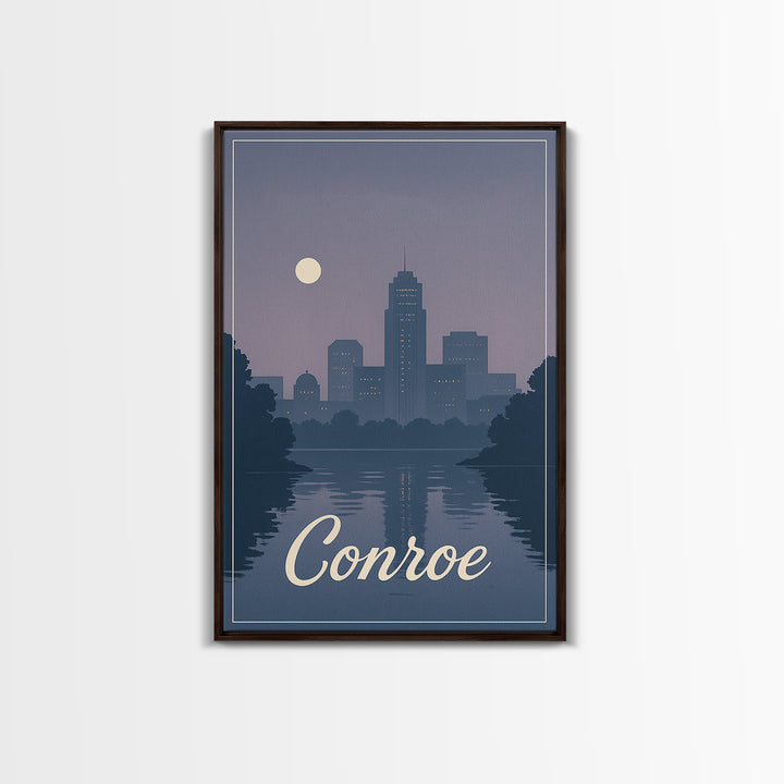 Conroe Travel Poster, Framed Canvas Print, Mid Century City Wall Art, Conroe Travel Art, Living Room Wall Art, Vintage City Poster