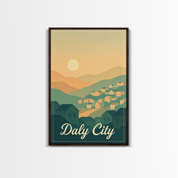 Daly City California Travel Poster, Canvas Print, Retro Sunset Skyline Art, Daly City Art Print, Gift For Travelers, Living Room Wall Art