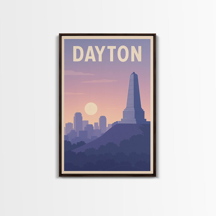 Dayton Ohio Travel Poster, Framed Canvas Print, Mid Century City Wall Art, Dayton Poster Print, Watercolor City Skyline, Retro Travel Print