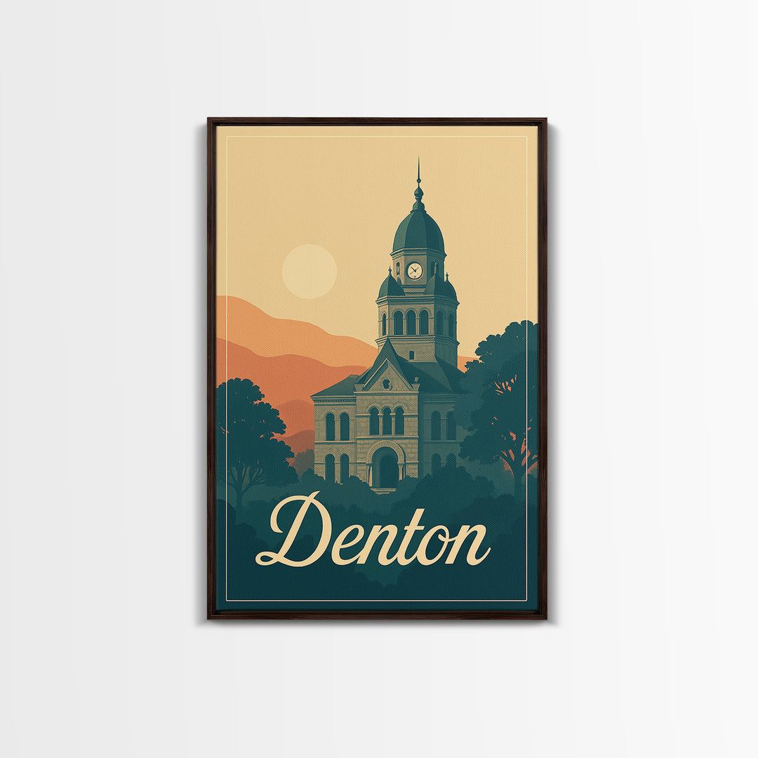 Denton Texas Travel Poster, Canvas Print, Retro Sunset Skyline Art, Denton Travel Art, Travel Poster Set, Wanderlust Decor, City Poster