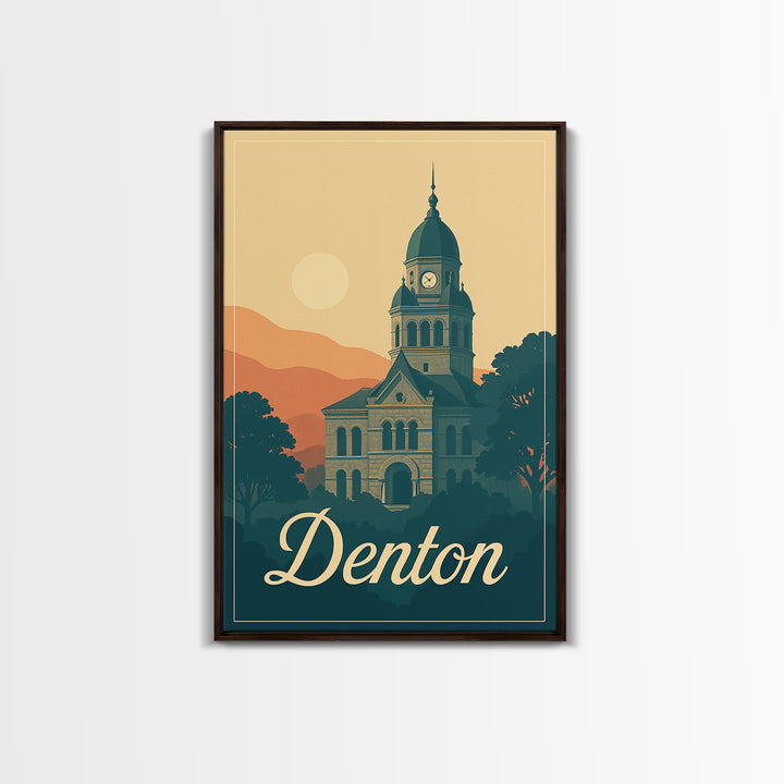 Denton Texas Travel Poster, Canvas Print, Retro Sunset Skyline Art, Denton Travel Art, Travel Poster Set, Wanderlust Decor, City Poster