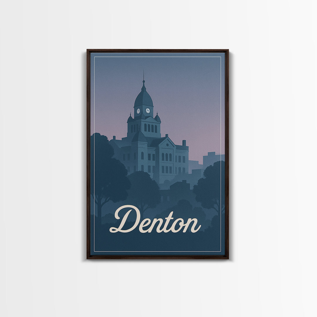 Denton Travel Poster, Framed Canvas Print, Retro Sunset Skyline Art, Denton Poster Print, Vintage Travel Art, City Travel Prints