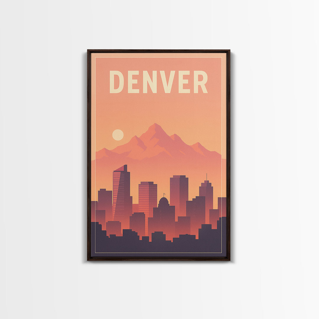 Denver Travel Poster, Framed Canvas Print, Retro Sunset Skyline Art, Denver Poster Print, Travel Poster Set, Travel Art Print, Wall Art