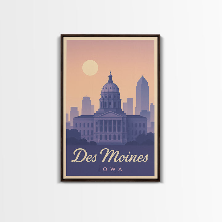 Des Moines Travel Poster, Framed Canvas Print, Retro Sunset Skyline Art, Des Moines Art Print, Vintage Travel Art, City Art Print