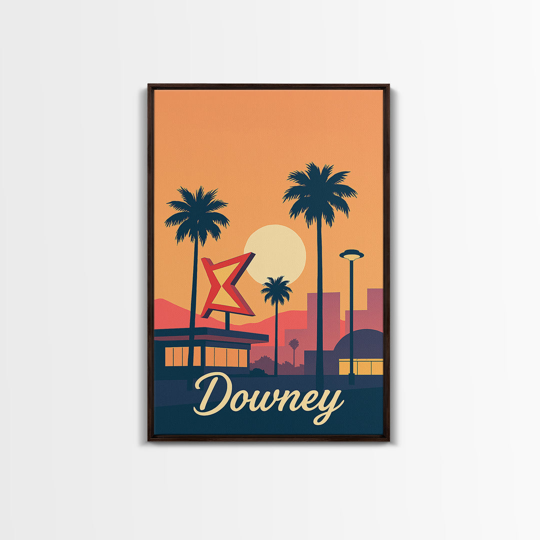 Downey California Travel Poster, Canvas Print, Retro Sunset Skyline Art, Downey City Art, Wanderlust Decor, Living Room Wall Art, Wall Art