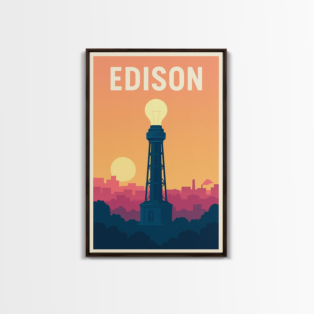 Edison Travel Poster, Framed Canvas Print, Mid Century City Wall Art, Edison Travel Art, Mid Century Wall Art, Watercolor Skyline