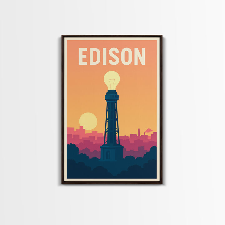Edison Travel Poster, Framed Canvas Print, Mid Century City Wall Art, Edison Travel Art, Mid Century Wall Art, Watercolor Skyline
