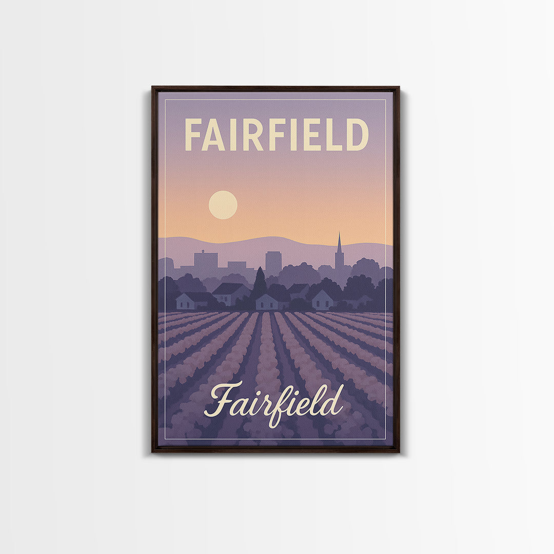 Fairfield Travel Poster, Canvas Print, Retro Sunset Skyline Art, Fairfield Poster Print, Travel Wall Decor, Home Office Decor, Design 2