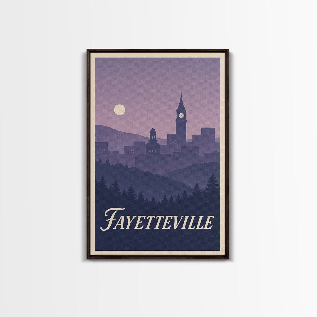 Fayetteville Travel Poster, Framed Canvas Print, Mid Century City Wall Art, Fayetteville Poster Print, Wanderlust Decor, Retro Travel Print
