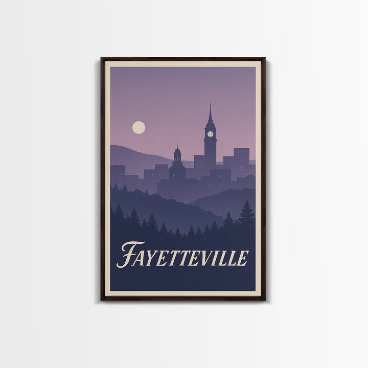 Fayetteville Travel Poster, Framed Canvas Print, Mid Century City Wall Art, Fayetteville Poster Print, Wanderlust Decor, Retro Travel Print