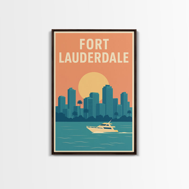 Fort Lauderdale Travel Poster, Framed Canvas Print, Retro Sunset Skyline Art, Fort Lauderdale Wall Art, Vintage Travel Print, Design 2