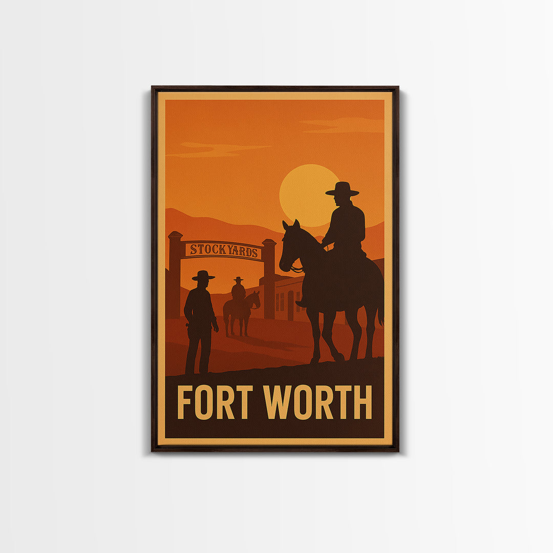 Fort Worth Travel Poster, Framed Canvas Print, Retro Sunset Skyline Art, Fort Worth Poster Print, Living Room Wall Art, Modern Wall Decor