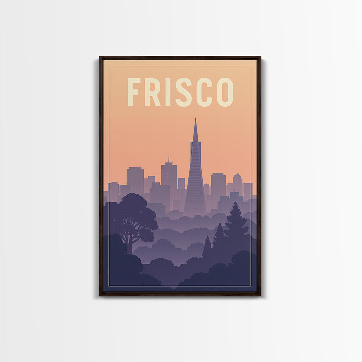 Frisco Texas Travel Poster, Canvas Print, Mid Century City Wall Art, Frisco Wall Art, Wanderlust Decor, Watercolor Downtown Skyline