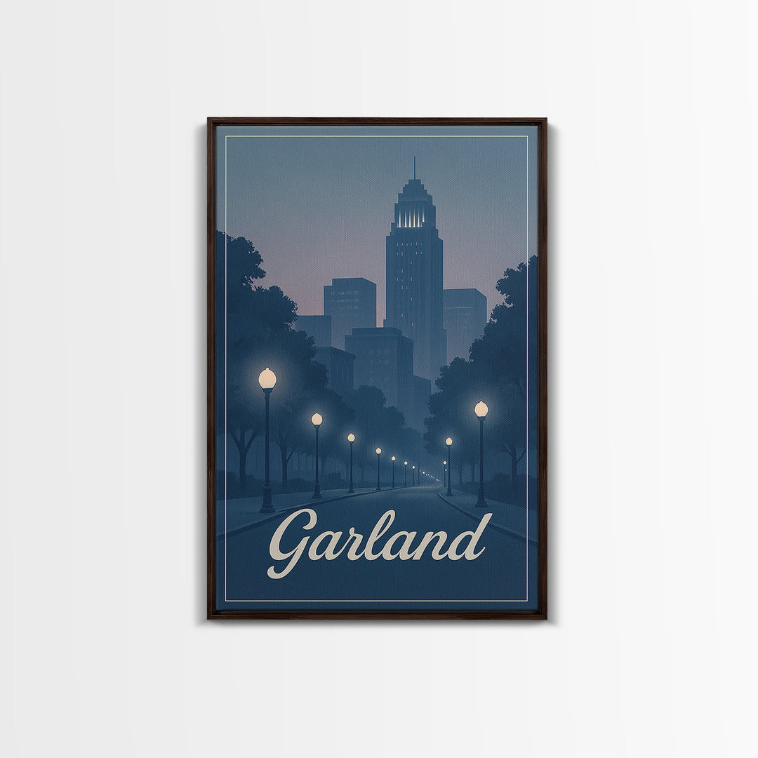 Garland Travel Poster, Canvas Print, Retro Sunset Skyline Art, Garland Poster Print, Wanderlust Decor, Fine Art Print, Modern Wall Decor
