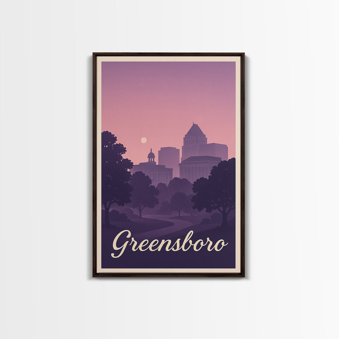 Greensboro Travel Poster, Framed Canvas Print, Classic Travel Poster Art, Greensboro City Art, City Travel Prints, Travel Art Print
