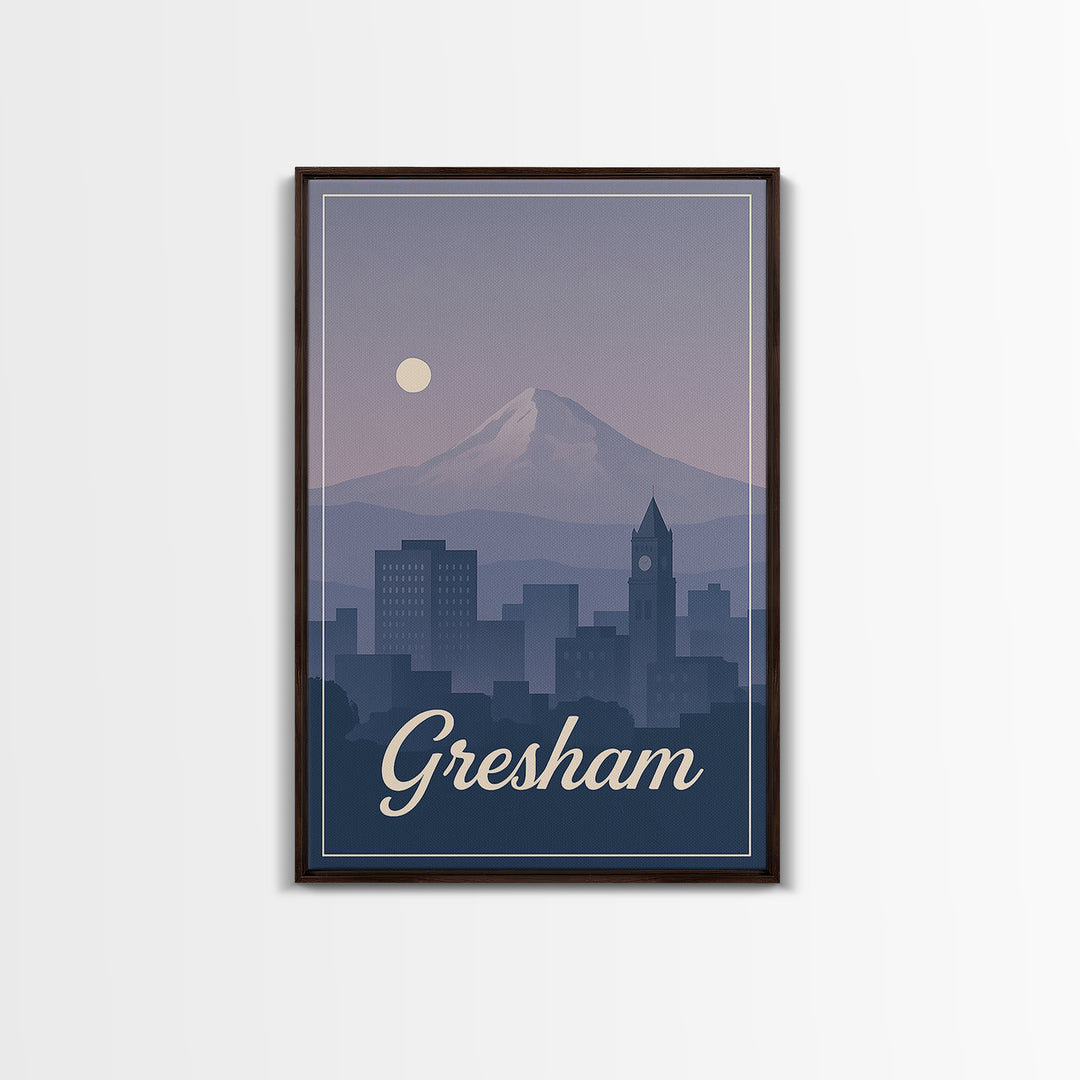 Gresham Travel Poster, Framed Canvas Print, Retro Sunset Skyline Art, Gresham Art Print, Travel Wall Art, Eclectic Wall Decor, Design 2