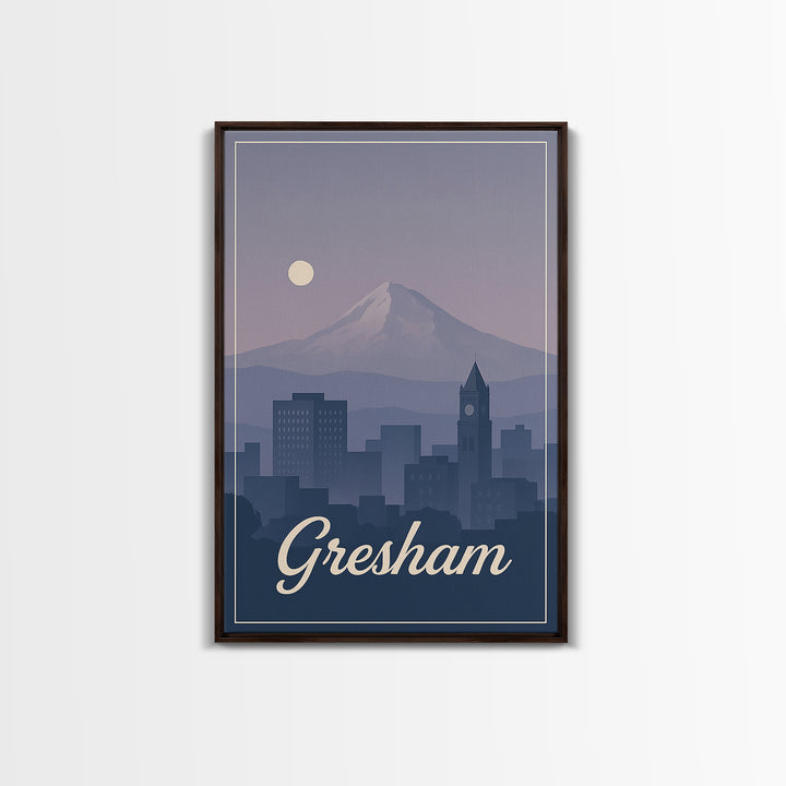 Gresham Travel Poster, Framed Canvas Print, Retro Sunset Skyline Art, Gresham Art Print, Travel Wall Art, Eclectic Wall Decor, Design 2