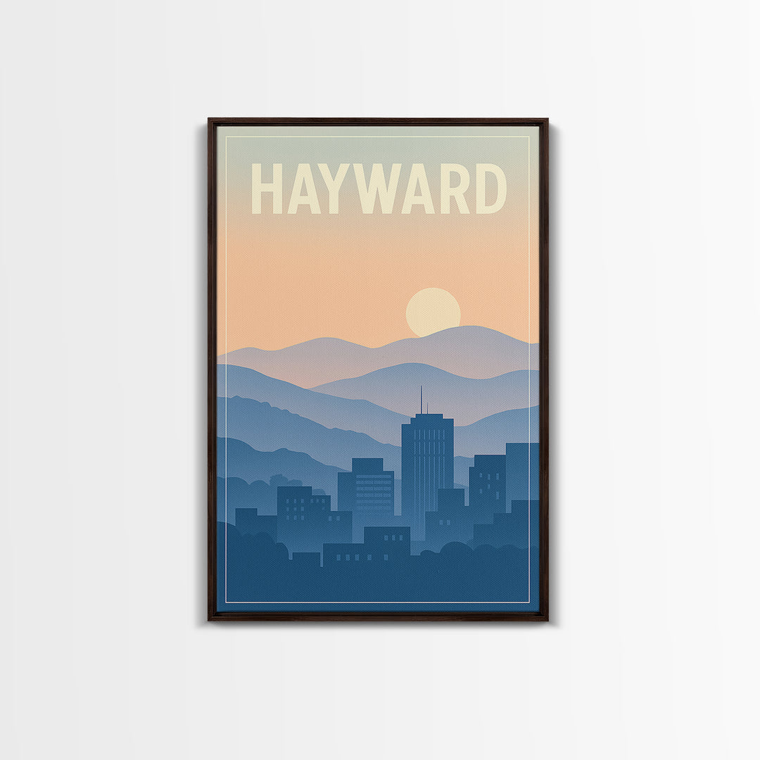 Hayward California Travel Poster, Canvas Print, Retro Sunset Skyline Art, Hayward Art Print, Travel Art Print, Modern Wall Decor, Poster Art