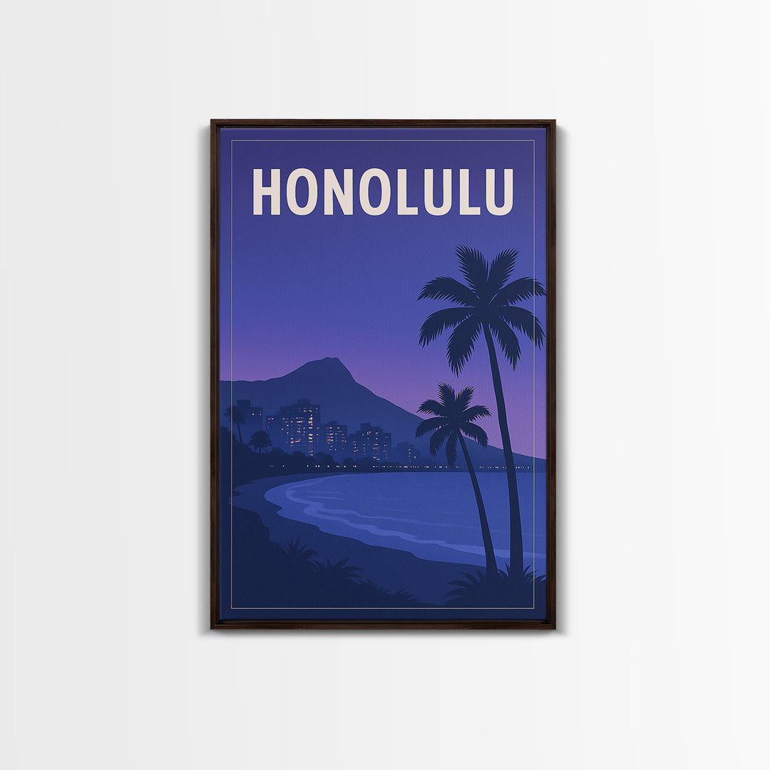 Honolulu Hawaii Travel Poster, Canvas Print, Retro Sunset Skyline Art, Honolulu Wall Art, Mid Century Wall Art, Living Room Wall Art