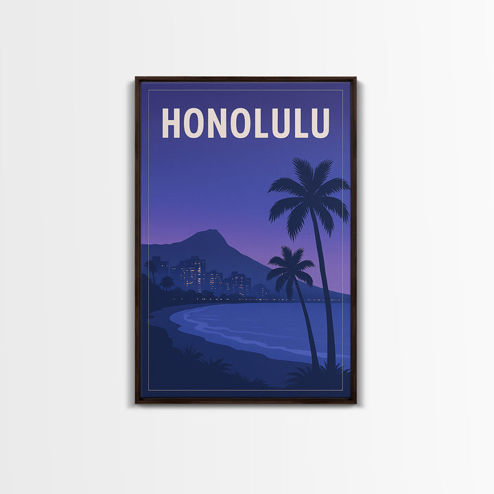 Honolulu Hawaii Travel Poster, Canvas Print, Retro Sunset Skyline Art, Honolulu Wall Art, Mid Century Wall Art, Living Room Wall Art