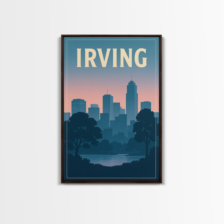 Irving Texas Travel Poster, Canvas Print, Retro Sunset Skyline Art, Irving Poster Print, Wall Decor, Mid Century Wall Art, Art Print