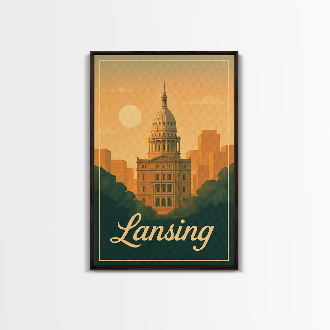 Lansing Michigan Travel Poster, Canvas Print, Classic Poster Art, Lansing City Art, City Illustration, Office Decor, Mid Century Wall Art