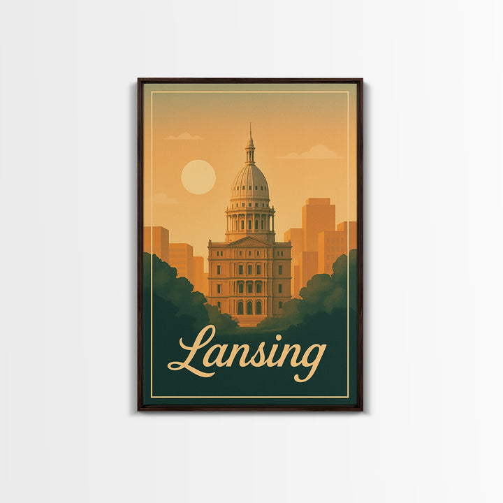 Lansing Michigan Travel Poster, Canvas Print, Classic Poster Art, Lansing City Art, City Illustration, Office Decor, Mid Century Wall Art