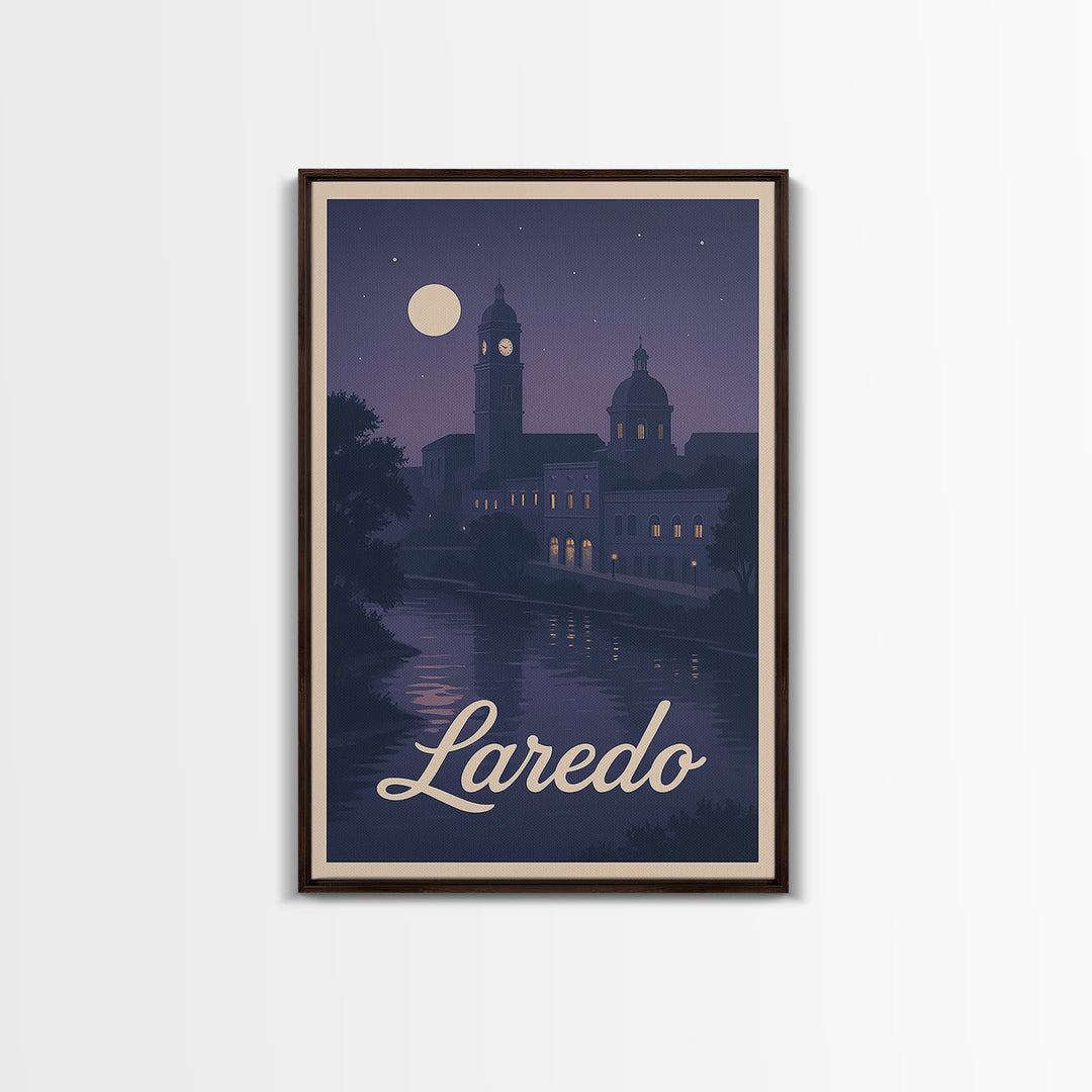 Laredo Travel Poster, Framed Canvas Print, Classic Travel Poster Art, Laredo Wall Art, Travel Wall Decor, Watercolor City Skyline