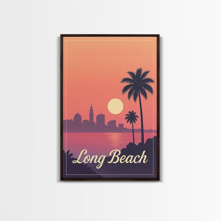 Long Beach California Travel Poster, Canvas Print, Retro Sunset Skyline Art, Long Beach Art Print, Vintage Travel Art, City Travel Prints