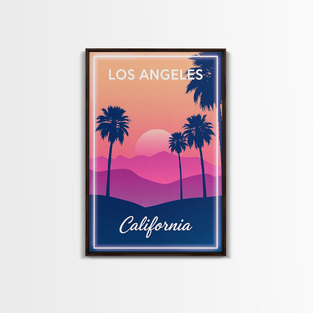 Los Angeles Travel Poster, Framed Canvas Print, Retro Sunset Skyline Art, Los Angeles Travel Art, Retro Travel Print, City Travel Prints