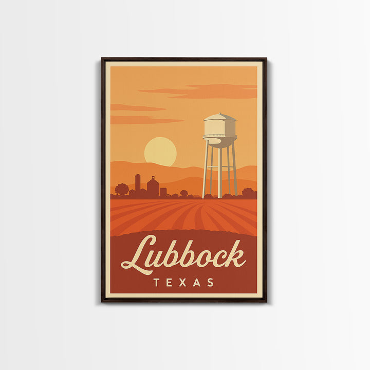 Lubbock Texas Travel Poster, Framed Canvas Print, Retro Sunset Skyline Art, Lubbock Poster Print, Wanderlust Decor, Travel Poster Set
