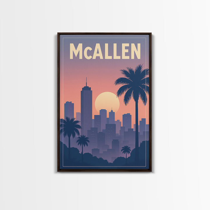 Mcallen Texas Travel Poster, Framed Canvas Print, Retro Sunset Skyline Art, Mcallen Wall Art, Eclectic Wall Decor, City Travel Prints
