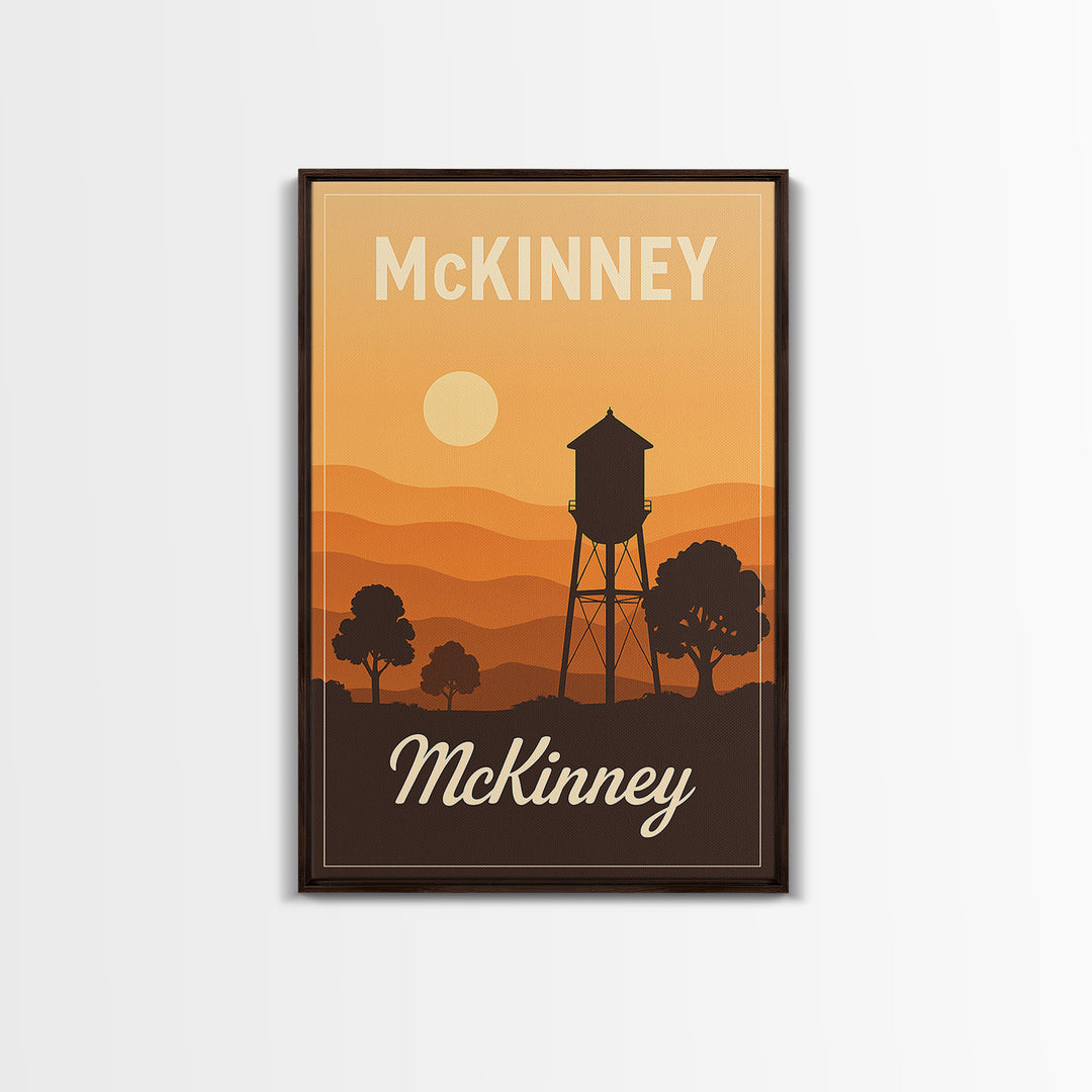 Mckinney Texas Travel Poster, Canvas Print, Retro Sunset Skyline Art, Mckinney Travel Art, Vintage Travel Art, Vintage Travel Print