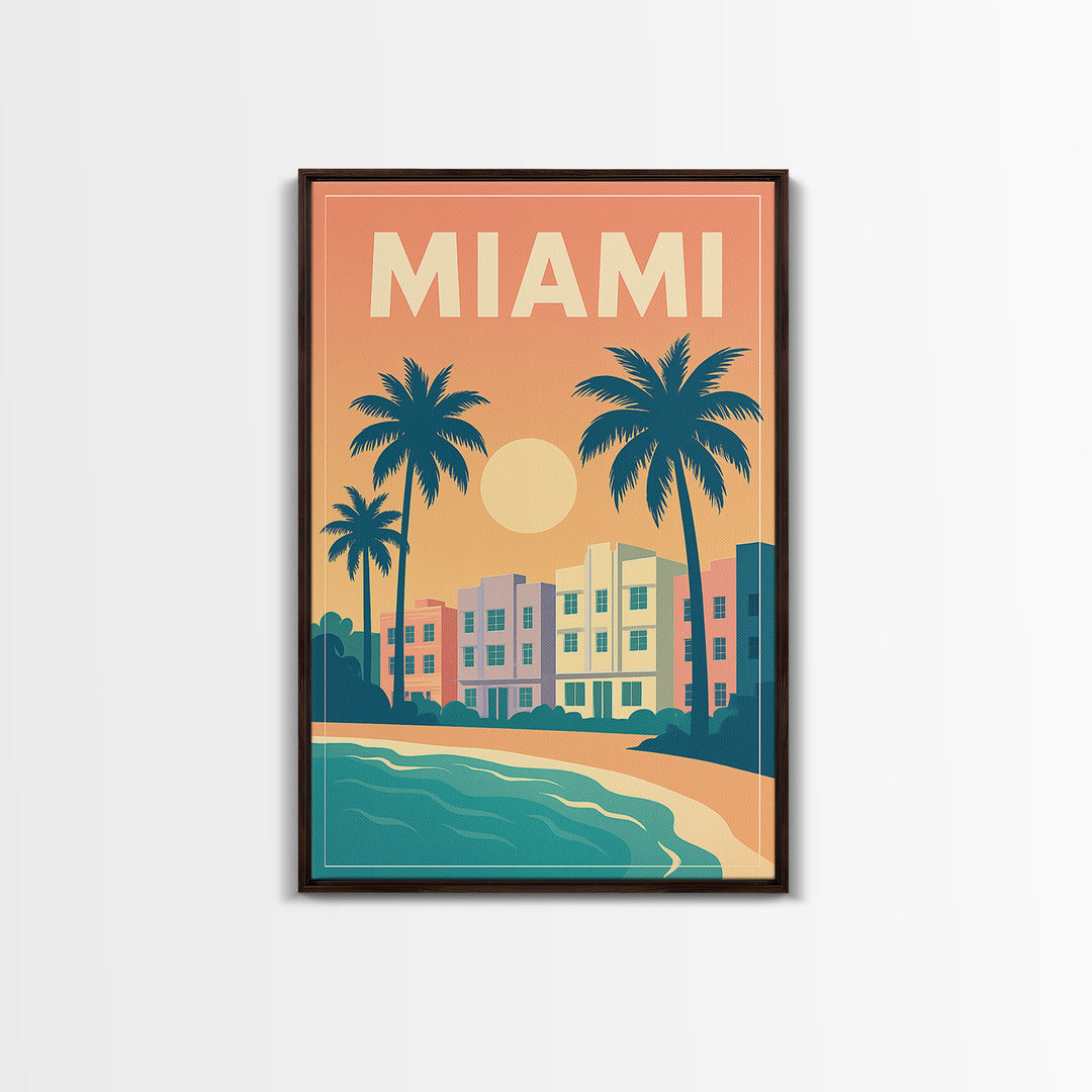 Miami Travel Poster, Framed Canvas Print, Vintage Travel Poster Art, Miami Poster Print, City Art Print, Living Room Wall Art, Design 2