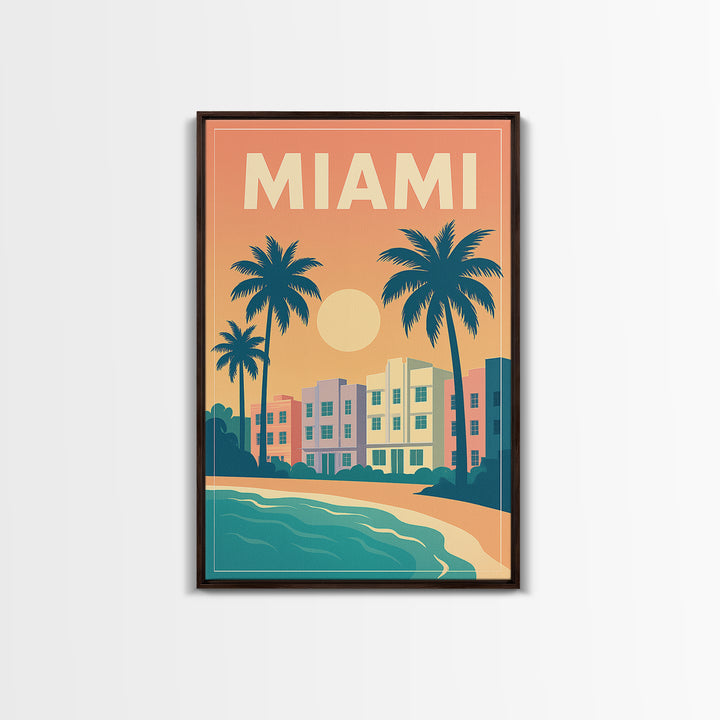 Miami Travel Poster, Framed Canvas Print, Vintage Travel Poster Art, Miami Poster Print, City Art Print, Living Room Wall Art, Design 2