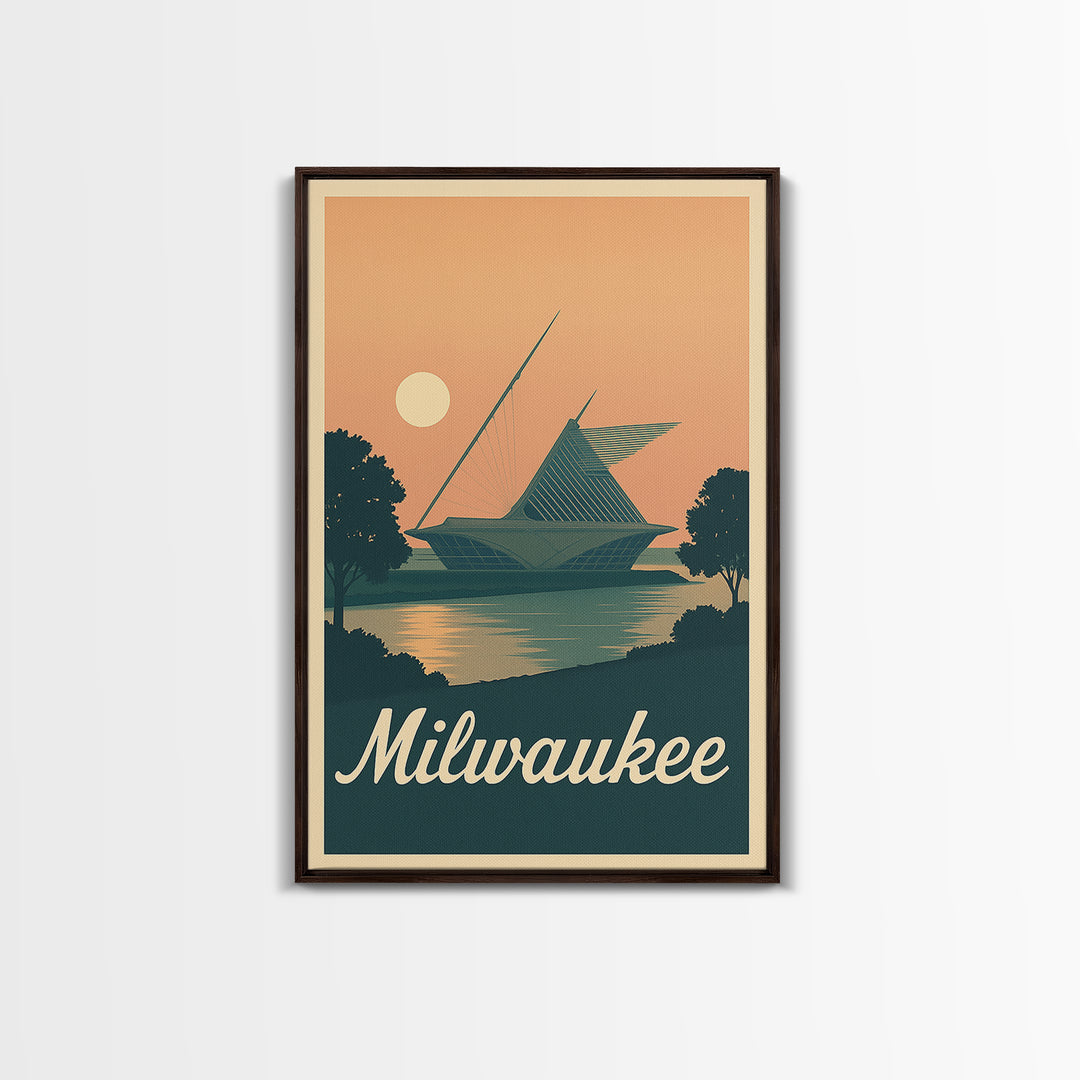 Milwaukee Travel Poster, Framed Canvas Print, Classic Travel Poster Art, Milwaukee Art Print, Watercolor Skyline, Retro Travel Print