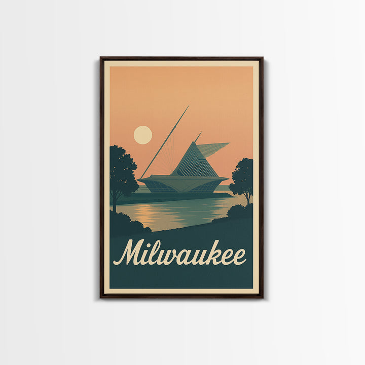 Milwaukee Travel Poster, Framed Canvas Print, Classic Travel Poster Art, Milwaukee Art Print, Watercolor Skyline, Retro Travel Print