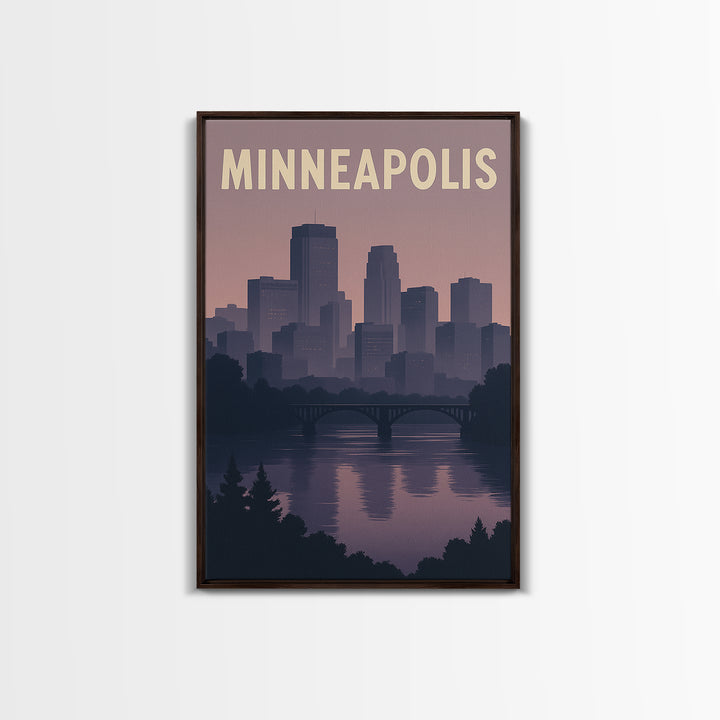 Minneapolis Travel Poster, Framed Canvas Print, Retro Sunset Skyline Art, Minneapolis Travel Art, Vintage Travel Print, City Art Print