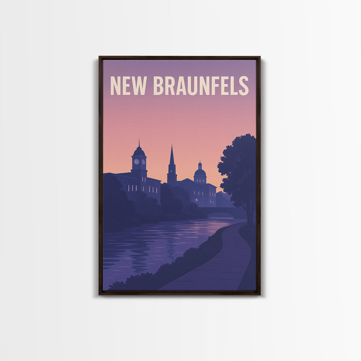 New Braunfels Travel Poster, Framed Canvas Print, Retro Sunset Skyline Art, New Braunfels City Art, Vintage Travel Print, Vintage Travel Art