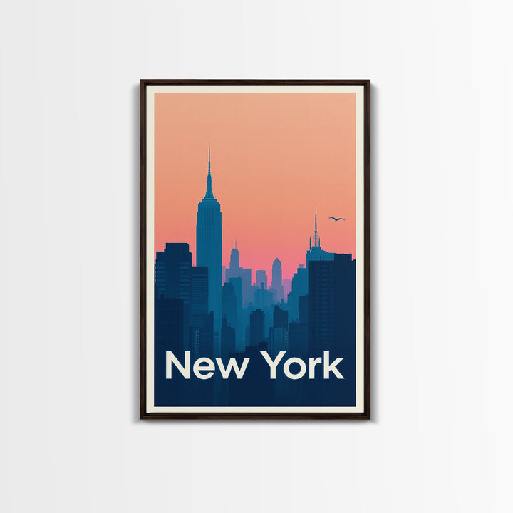 New York Travel Poster, Framed Canvas Print, Retro Sunset Skyline Art, New York Travel Art, Living Room Wall Art, Eclectic Wall Decor