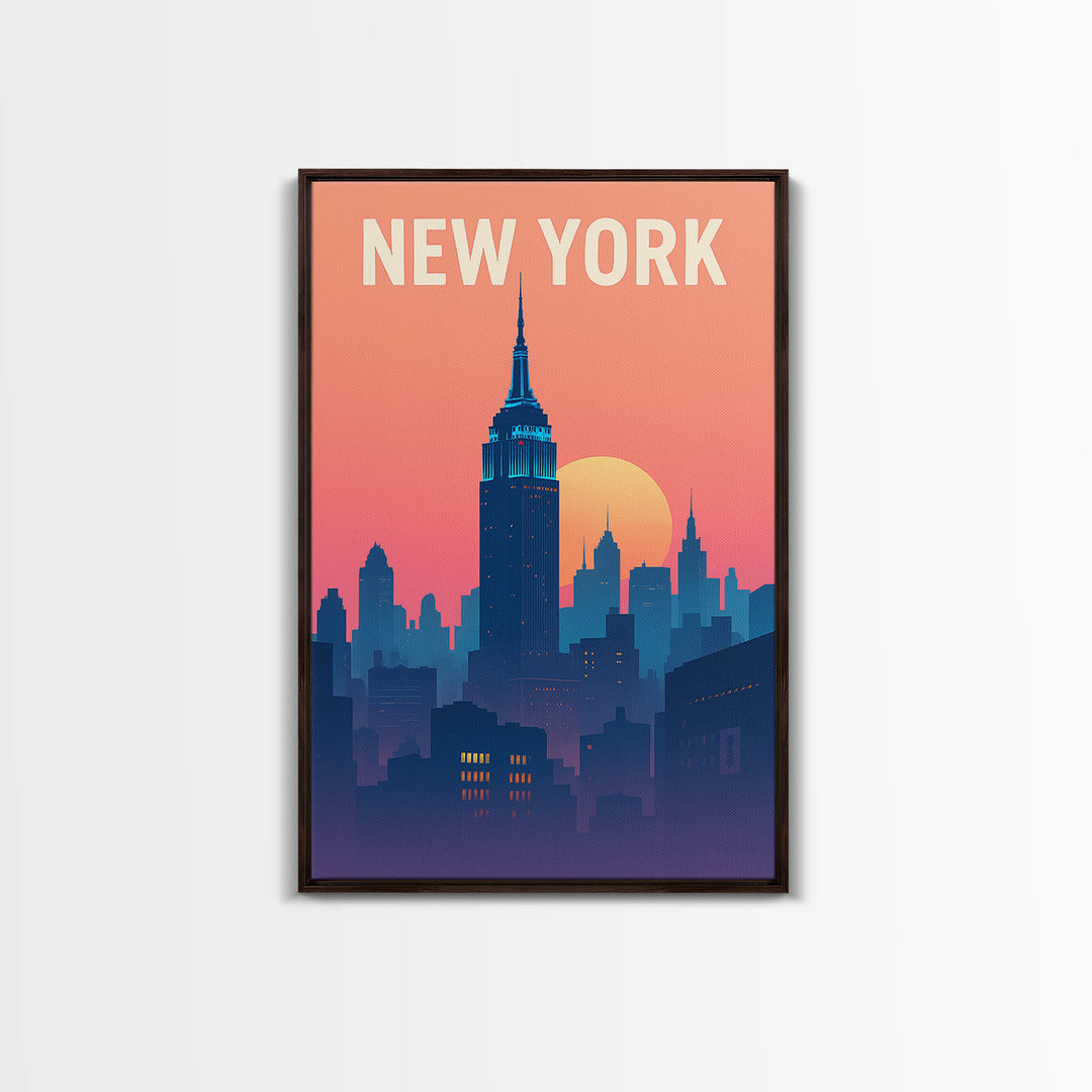 New York Travel Poster, Framed Canvas Print, Classic Travel Poster Art, New York Poster Print, Watercolor Skyline, Travel Art Print