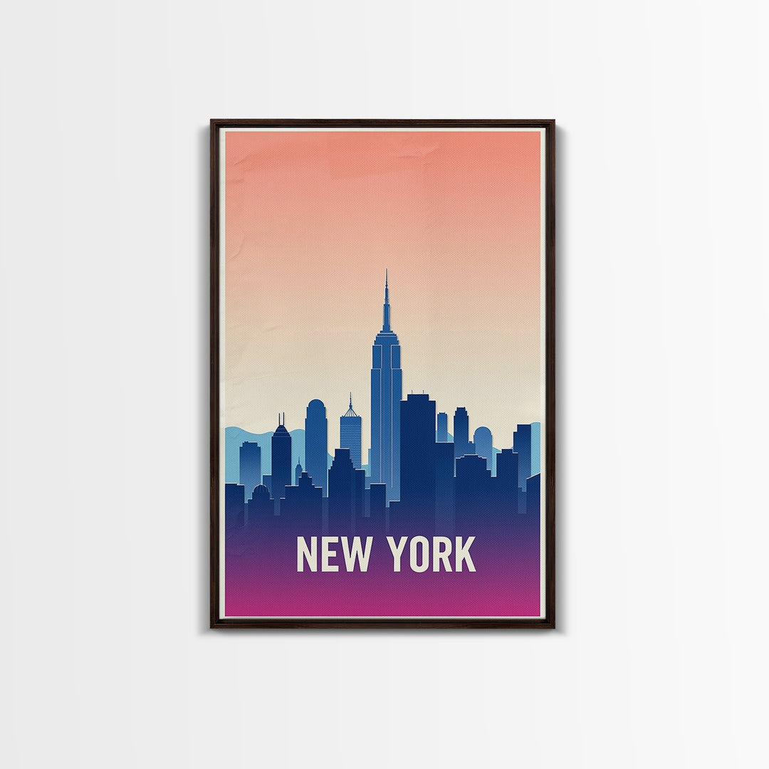 New York Travel Poster, Framed Canvas Print, Retro Sunset Skyline Art, New York Poster Print, Travel Wall Decor, Mid Century Wall Art