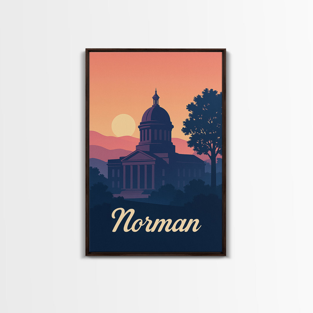 Norman Oklahoma Travel Poster, Framed Canvas Print, Mid Century City Wall Art, Norman City Art, Vintage Travel Print, Retro Travel Print
