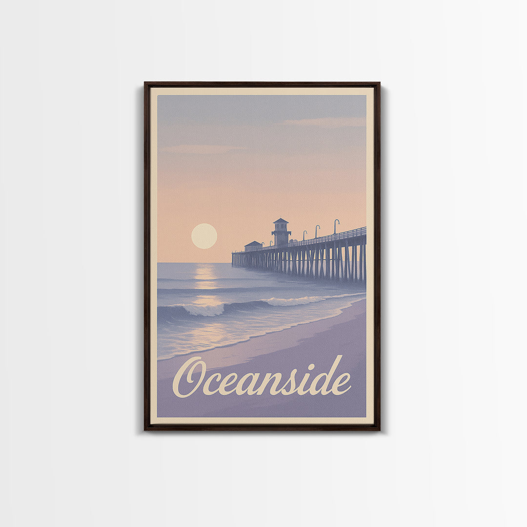 Oceanside Travel Poster, Canvas Print, Retro Sunset Skyline Art, Oceanside Wall Art, Retro Travel Print, Watercolor Skyline, Design 2