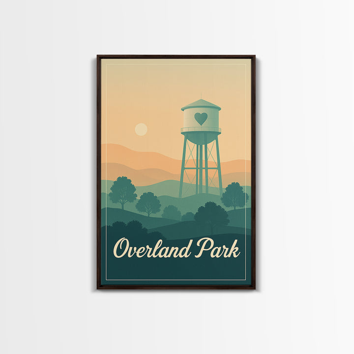 Overland Park Kansas Travel Poster, Canvas Print, Retro Sunset Skyline Art, Overland Park Art Print, Wanderlust Decor, Watercolor Cityscape
