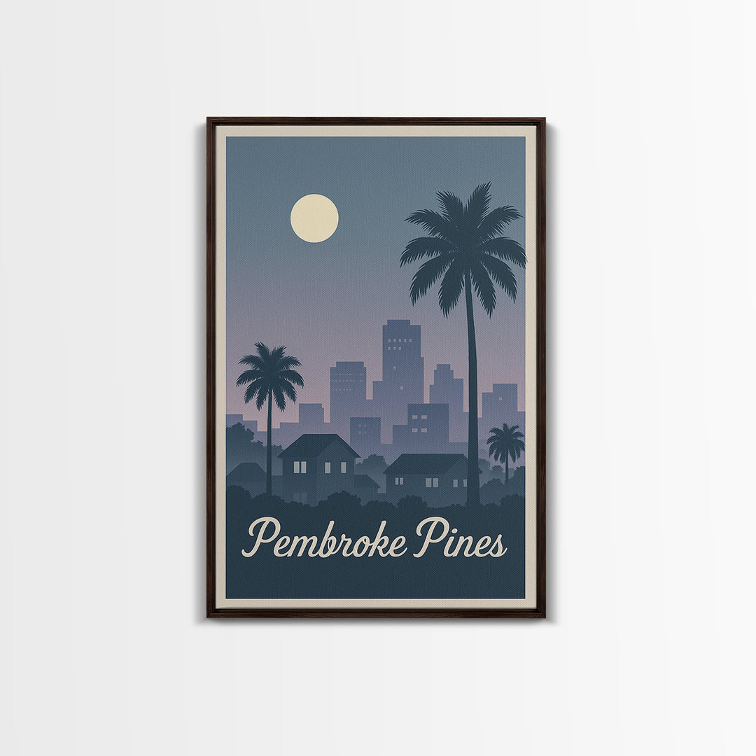 Pembroke Pines Florida Travel Poster, Canvas Print, Retro Sunset Skyline Art, Pembroke Pines Art Print, Wanderlust Decor, Modern Wall Decor