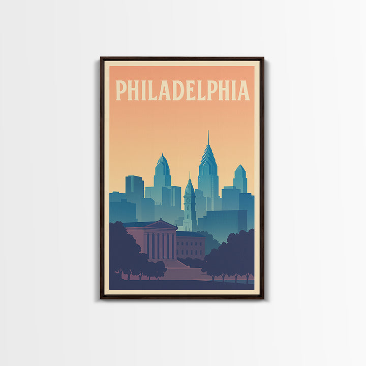 Philadelphia Travel Poster, Framed Canvas Print, Retro Sunset Skyline Art, Philadelphia City Art, Retro Travel Print, City Travel Prints
